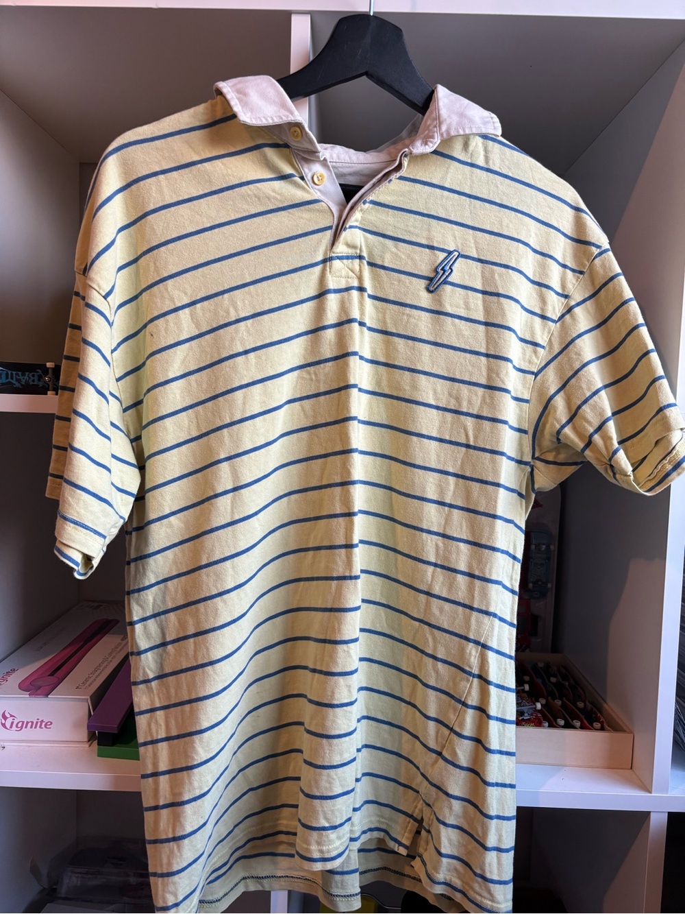 Men's Yellow Polo with Blue Stripes and Contrast Collar